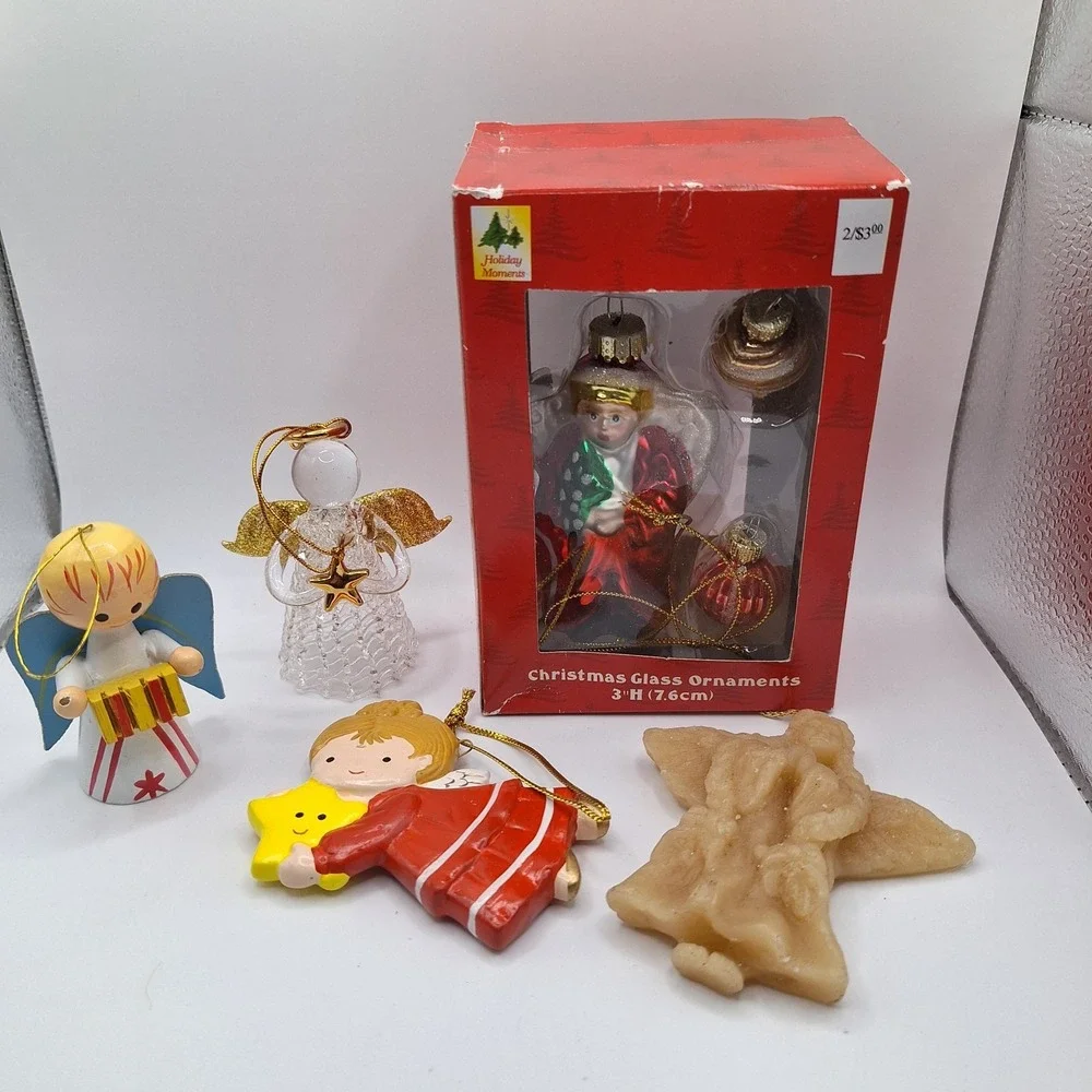 Lot of 5 Angel Theme Christmas Ornaments Vintage Wax Wood‎ & Glass